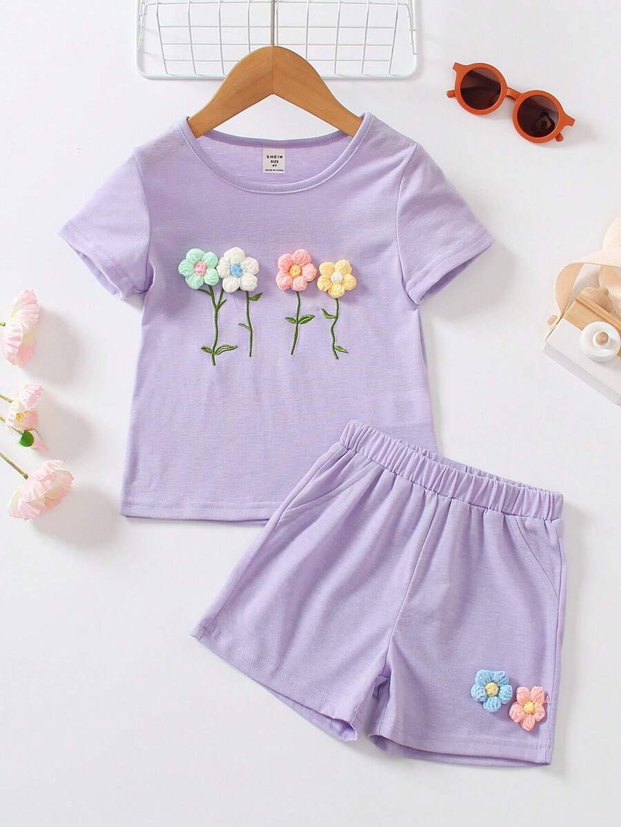 SHEIN Camiseta Y Pantalones Cortos De Niña Con Apliques Florales - Morado - Ver 1