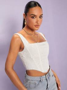 SHEIN BAE 不對稱下擺網眼刺繡背心上衣 - 白色 - 查看 2
