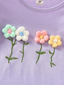 SHEIN Camiseta Y Pantalones Cortos De Niña Con Apliques Florales - Morado - Ver 3