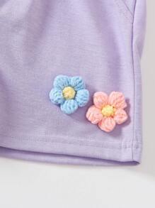 SHEIN Camiseta Y Pantalones Cortos De Niña Con Apliques Florales - Morado - Ver 4