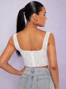SHEIN BAE 不對稱下擺網眼刺繡背心上衣 - 白色 - 查看 3