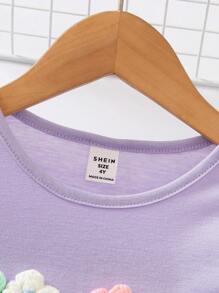 SHEIN Camiseta Y Pantalones Cortos De Niña Con Apliques Florales - Morado - Ver 5