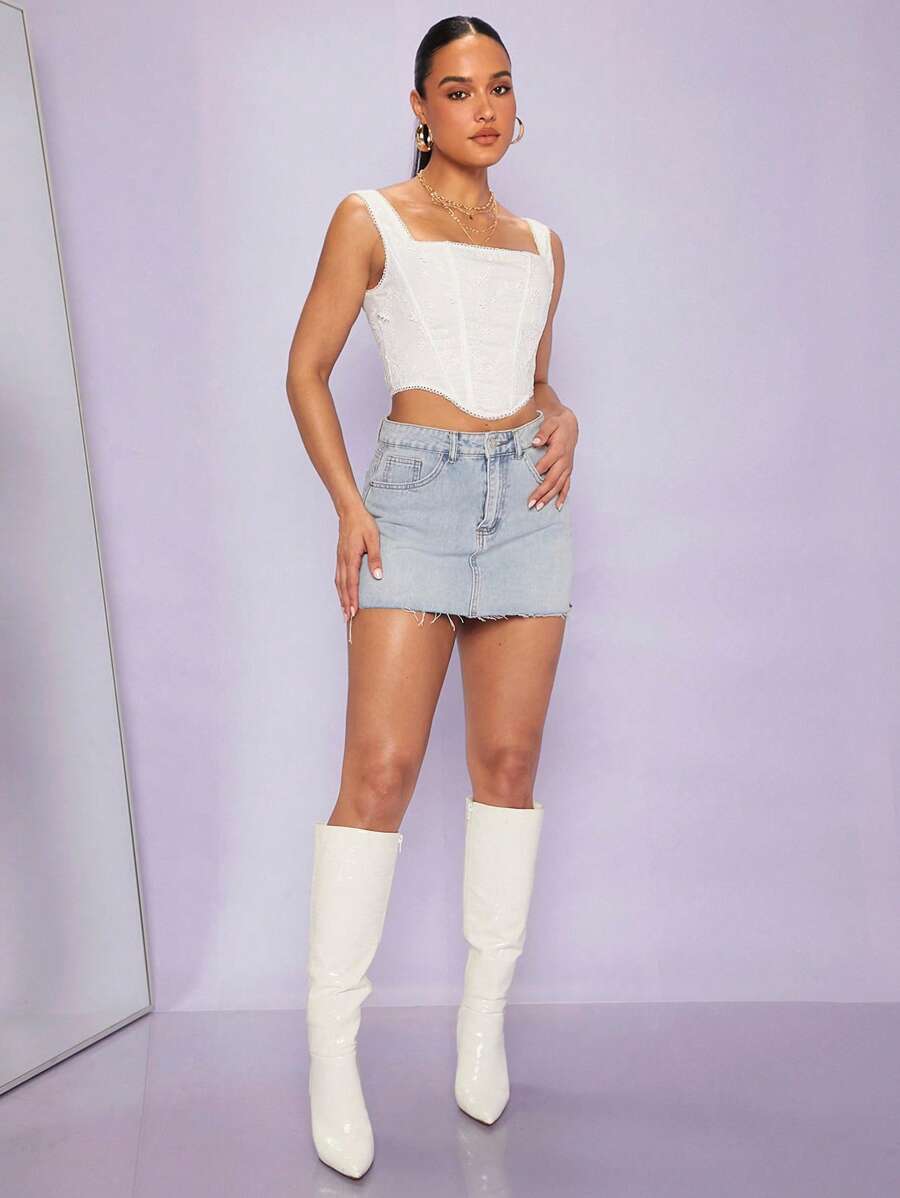 SHEIN BAE 不對稱下擺網眼刺繡背心上衣 - 白色 - 查看 1