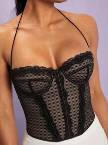 SHEIN BAE Lace Trim Backless Halter Top - Black - View 7