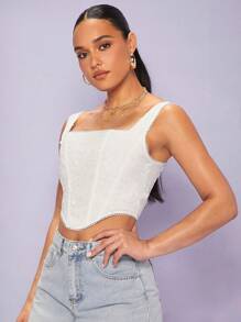 SHEIN BAE 不對稱下擺網眼刺繡背心上衣 - 白色 - 查看 4