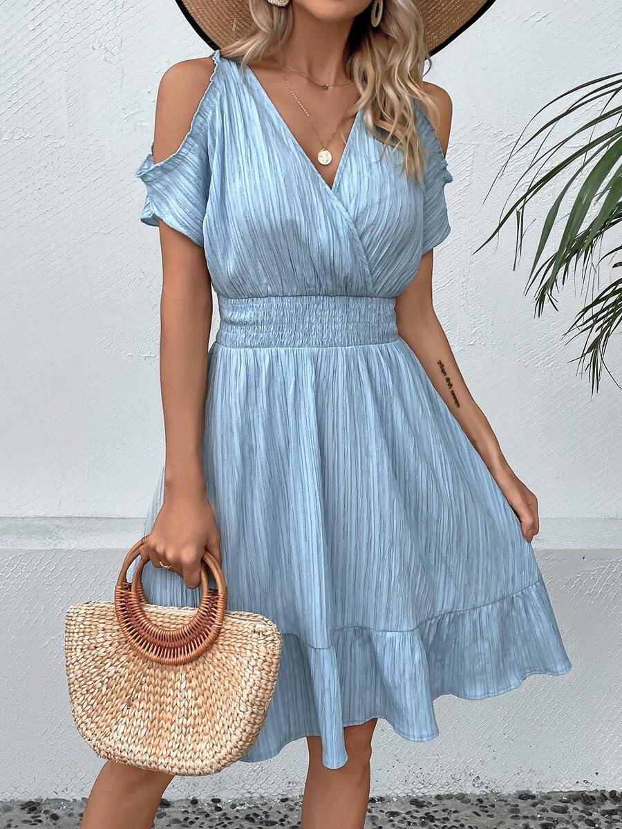 SHEIN VCAY Cold Shoulder Ruffle Hem Dress - Baby Blue - View 1