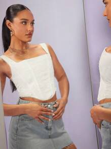 SHEIN BAE 不對稱下擺網眼刺繡背心上衣 - 白色 - 查看 5
