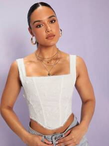 SHEIN BAE 不對稱下擺網眼刺繡背心上衣 - 白色 - 查看 6