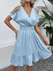 SHEIN VCAY Cold Shoulder Ruffle Hem Dress - Baby Blue - View 4