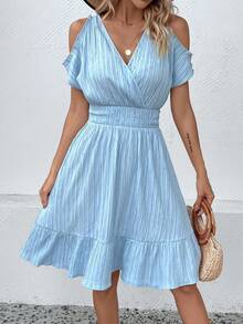SHEIN VCAY Cold Shoulder Ruffle Hem Dress - Baby Blue - View 5
