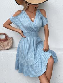 SHEIN VCAY Cold Shoulder Ruffle Hem Dress - Baby Blue - View 6