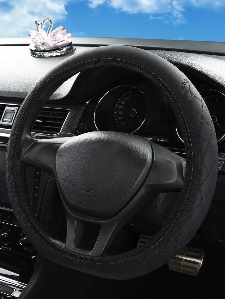 1入組格紋圖案PU皮革汽車方向盤套 - 黑色 - 查看 1