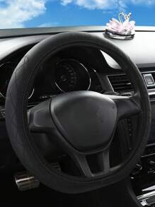 1入組格紋圖案PU皮革汽車方向盤套 - 黑色 - 查看 4