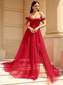 Missord Vestido de vestir de hombros descubiertos de muslo con abertura con malla - Rojo - Ver 1