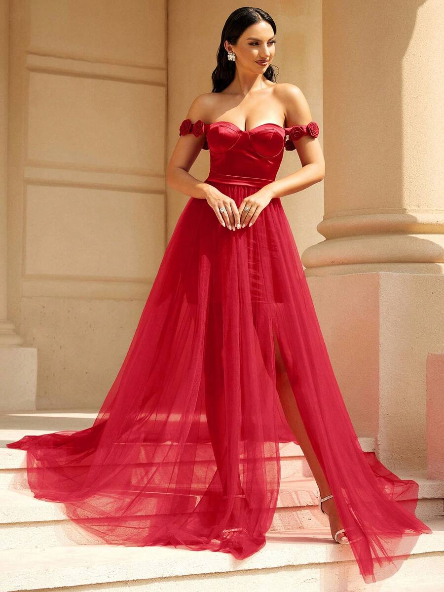 Missord Vestido de vestir de hombros descubiertos de muslo con abertura con malla - Rojo - Ver 1