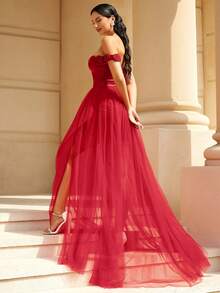 Missord Vestido de vestir de hombros descubiertos de muslo con abertura con malla - Rojo - Ver 2