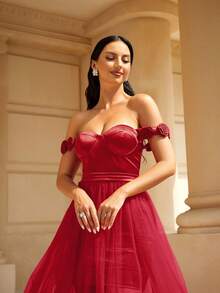 Missord Vestido de vestir de hombros descubiertos de muslo con abertura con malla - Rojo - Ver 3