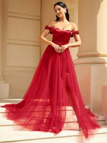Missord Vestido de vestir de hombros descubiertos de muslo con abertura con malla - Rojo - Ver 5