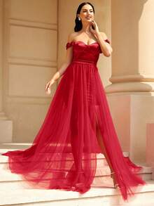 Missord Vestido de vestir de hombros descubiertos de muslo con abertura con malla - Rojo - Ver 8