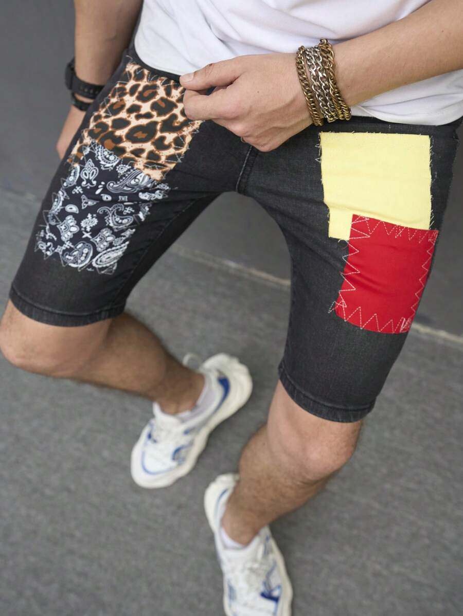 Manfinity Quần Short Denim Nam Túi Dây kéo Khối Màu - Xám - Xem 1