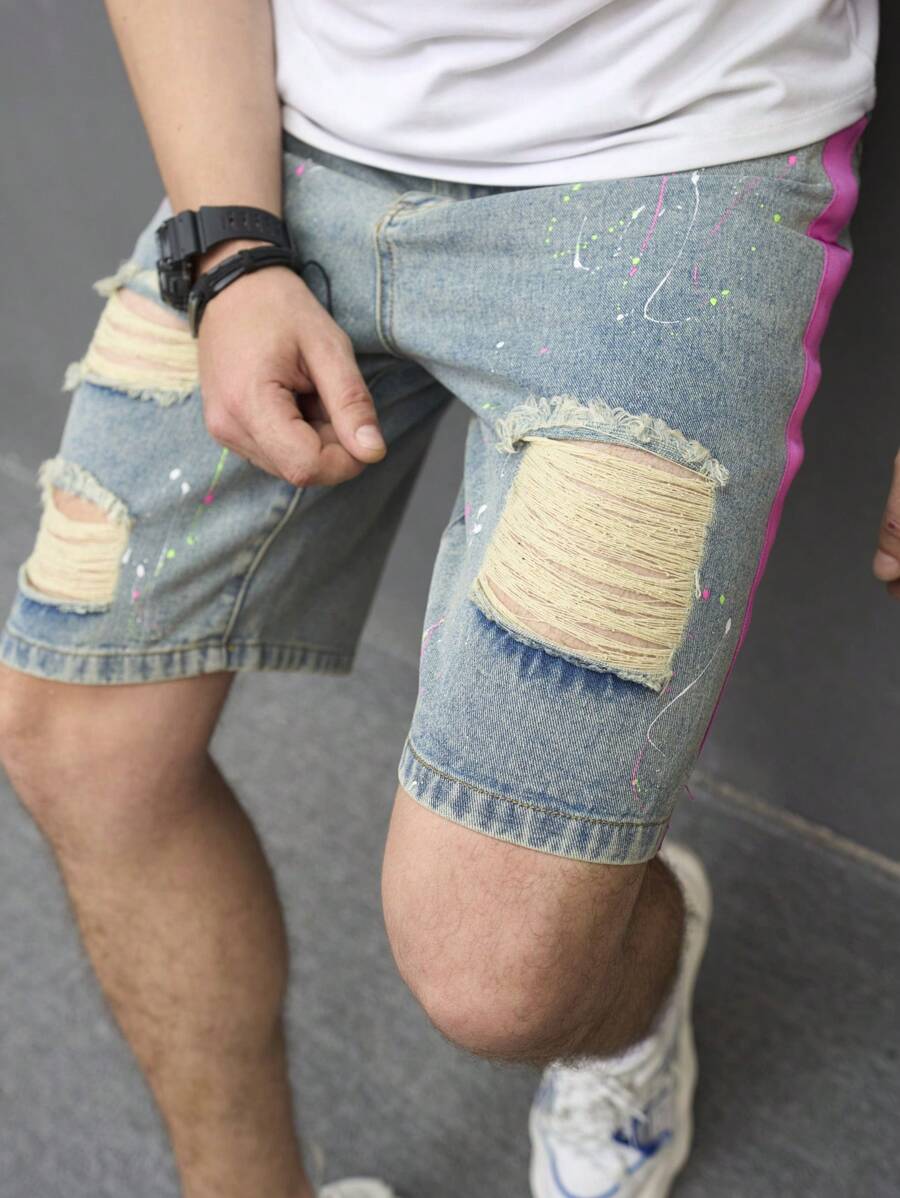 Manfinity EMRG Men Cotton Ripped Contrast Side Seam Denim Shorts - Medium Wash - View 1