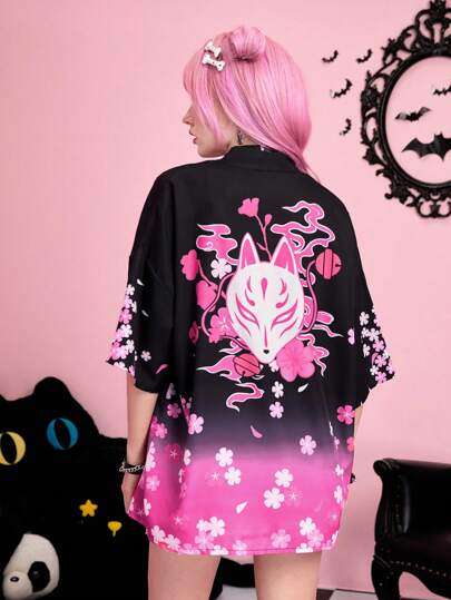 J-Fashion Kimono con grafica fumetto sfumato spalle cadenti