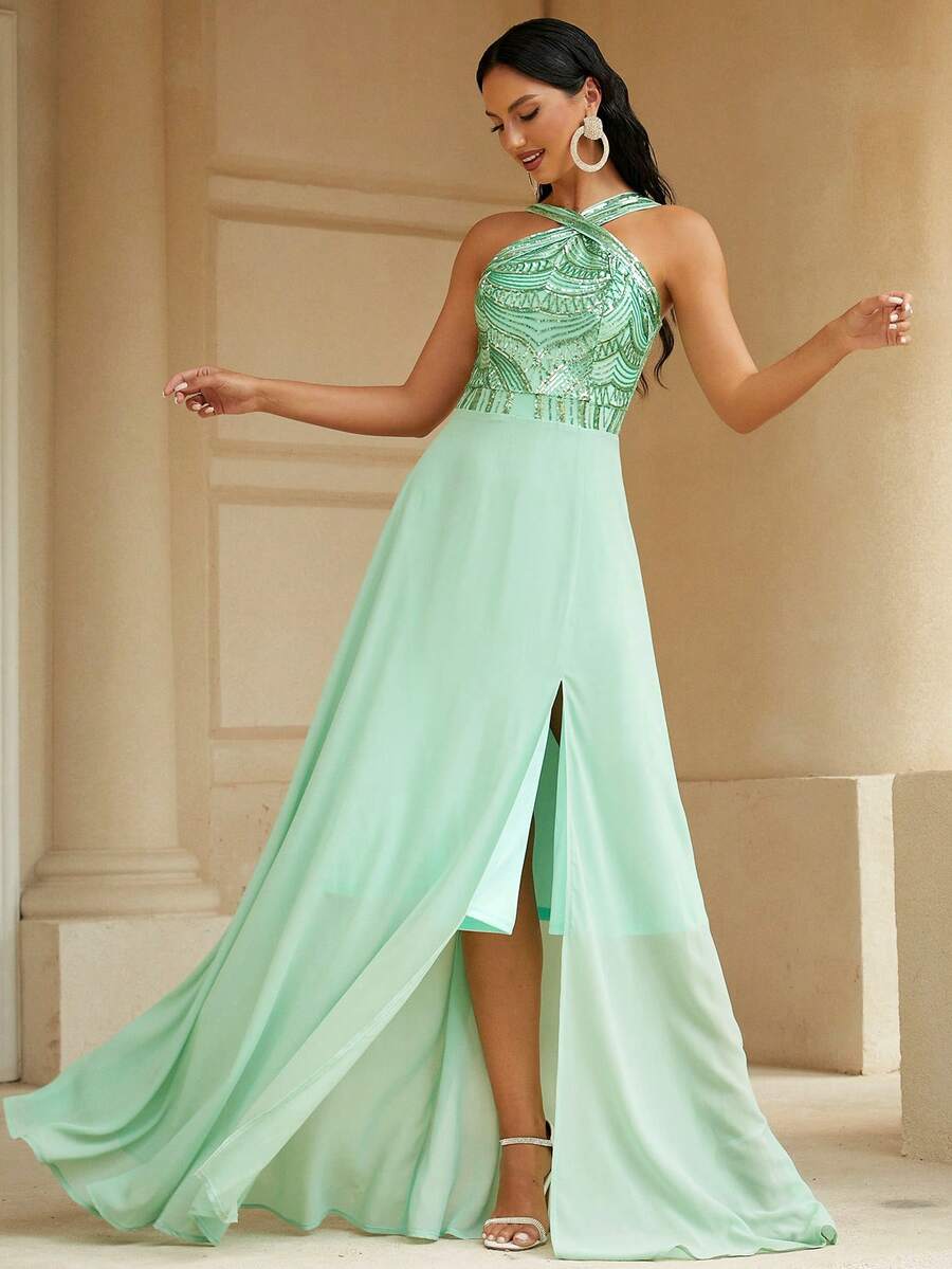 Missord Vestido halter con lentejuela en contraste de muslo con abertura - Verde - Ver 1