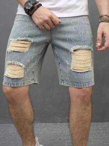 Manfinity EMRG Men Cotton Ripped Contrast Side Seam Denim Shorts - Medium Wash - View 4