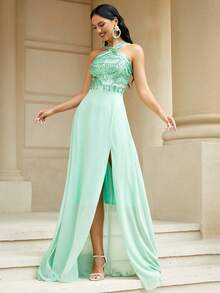 Missord Vestido halter con lentejuela en contraste de muslo con abertura - Verde - Ver 3