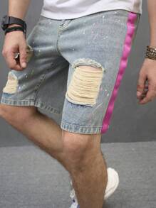 Manfinity EMRG Men Cotton Ripped Contrast Side Seam Denim Shorts - Medium Wash - View 5