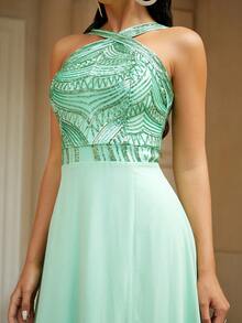 Missord Vestido halter con lentejuela en contraste de muslo con abertura - Verde - Ver 5