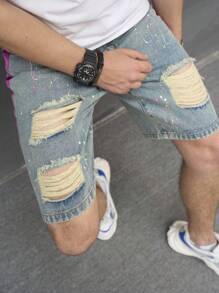 Manfinity EMRG Men Cotton Ripped Contrast Side Seam Denim Shorts - Medium Wash - View 7