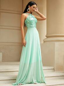Missord Vestido halter con lentejuela en contraste de muslo con abertura - Verde - Ver 6