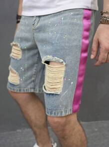 Manfinity EMRG Men Cotton Ripped Contrast Side Seam Denim Shorts - Medium Wash - View 8