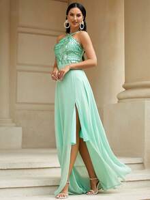 Missord Vestido halter con lentejuela en contraste de muslo con abertura - Verde - Ver 7
