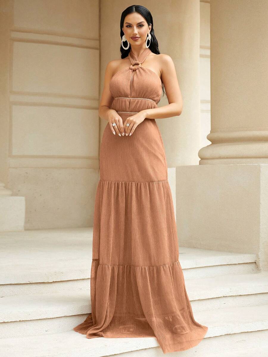 Missord Tie Backless Ruffle Hem Halter Bridesmaid Dress - Brown - View 1