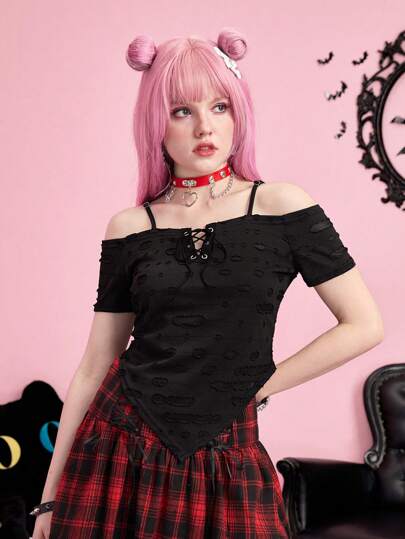 Kawaii Top con cordón delantero de hombros descubiertos bajo hanky