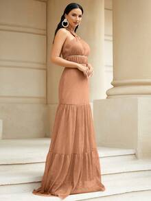 Missord Tie Backless Ruffle Hem Halter Bridesmaid Dress - Brown - View 3