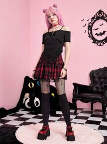 ROMWE Kawaii Plaid Lace Up Contrast Lace Skirt - Multicolor - View 4