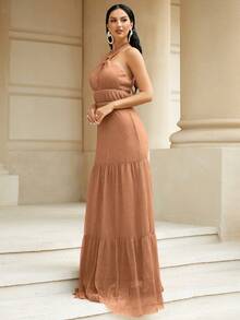 Missord Tie Backless Ruffle Hem Halter Bridesmaid Dress - Brown - View 4