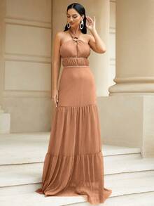 Missord Tie Backless Ruffle Hem Halter Bridesmaid Dress - Brown - View 6