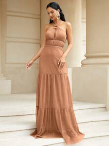 Missord Tie Backless Ruffle Hem Halter Bridesmaid Dress - Brown - View 7