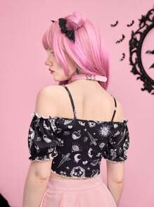 ROMWE Kawaii Top Corto Con Manga Bombacha Y Escote Descubierto Con Diseño De Murciélago De Dibujos Animados - Negro - Ver 2