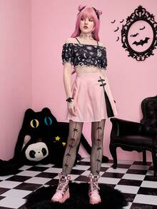 ROMWE Kawaii Top Corto Con Manga Bombacha Y Escote Descubierto Con Diseño De Murciélago De Dibujos Animados - Negro - Ver 4