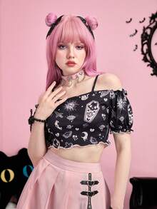 ROMWE Kawaii Top Corto Con Manga Bombacha Y Escote Descubierto Con Diseño De Murciélago De Dibujos Animados - Negro - Ver 5