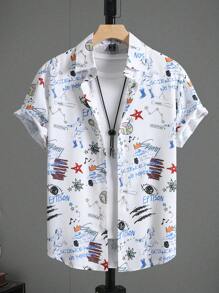 Manfinity Hypemode Heren Graffiti Print Grafisch Casual Kraag Korte Mouw Overhemd Zonder T-shirt, Voor Vakantie