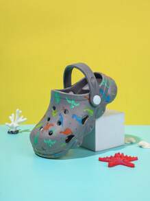 Boys Dinosaur Print Breathable Non-Slip Two Way Wear Clogs For Summer - Dark Grey - View 1