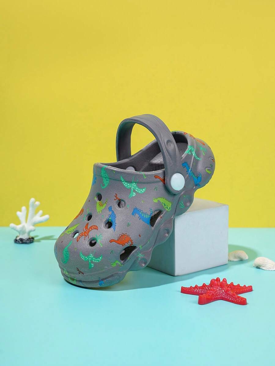 Boys Dinosaur Print Breathable Non-Slip Two Way Wear Clogs For Summer - Dark Grey - View 1