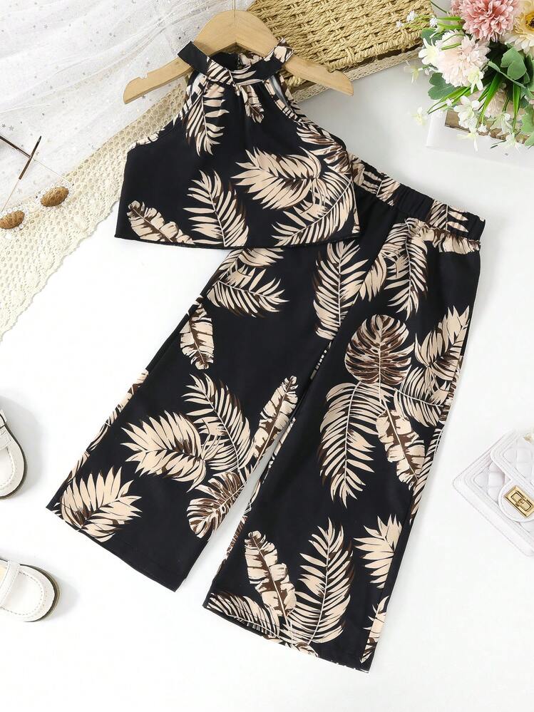 เด็กหญิงวัยหัดเดิน พิมพ์ ทรอปิคอล เสื้อท็อปคล้องคอ & กางเกงขากว้าง - สีดำ - ดู 1