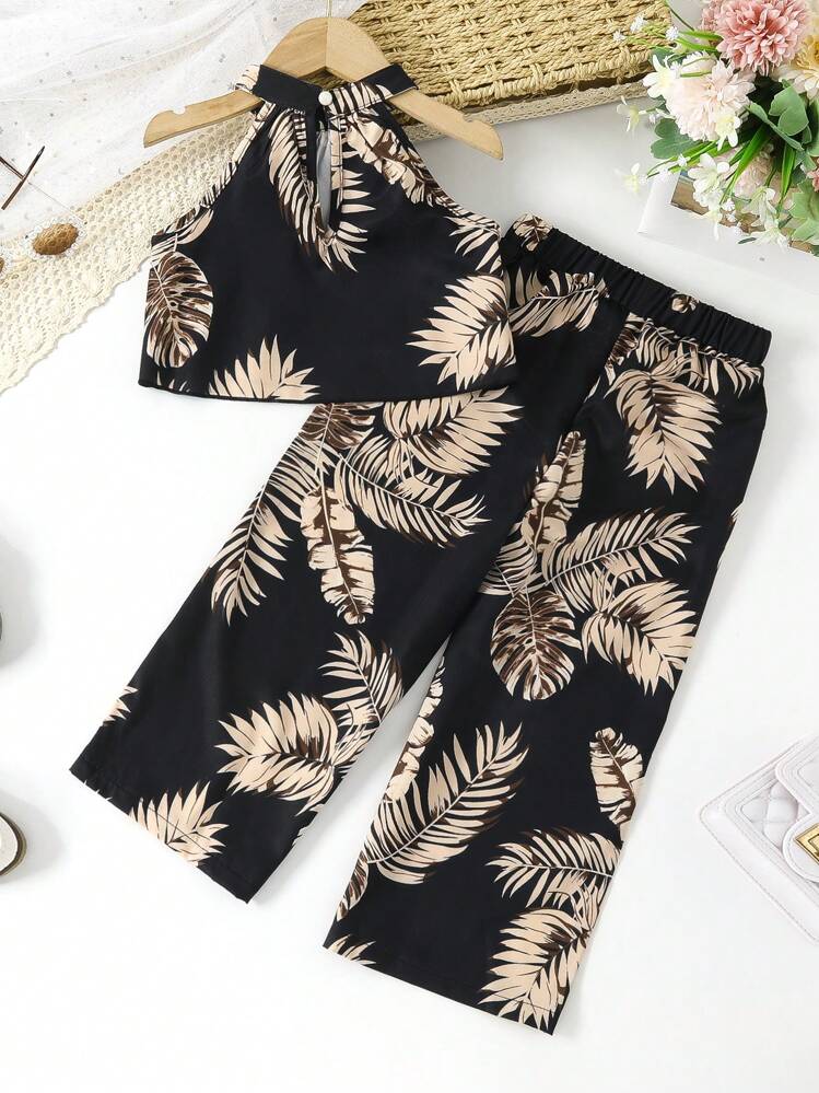 เด็กหญิงวัยหัดเดิน พิมพ์ ทรอปิคอล เสื้อท็อปคล้องคอ & กางเกงขากว้าง - สีดำ - ดู 2